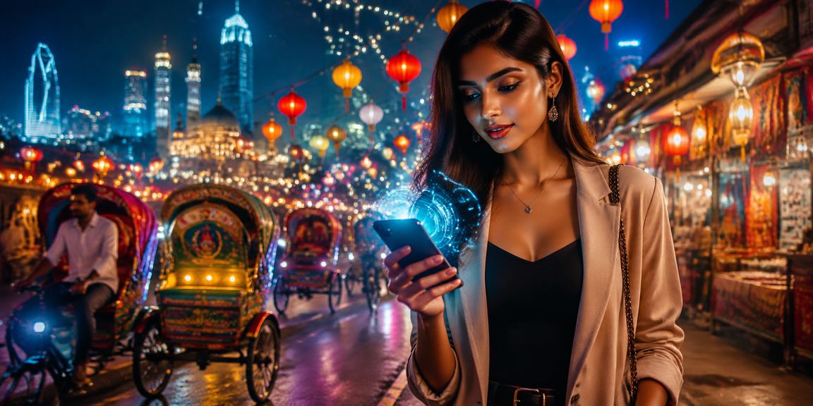 A user making a bolly4u deposit on their mobile at a Dhaka night market