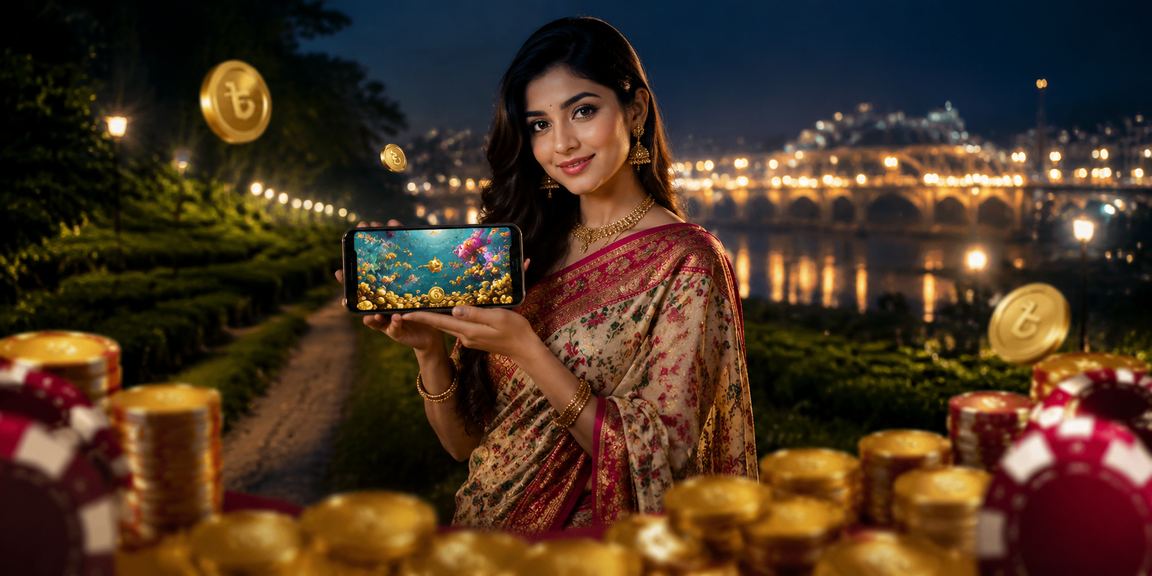 A woman in a saree in Mymensingh playing a fishing game and making transactions on her mobile phone